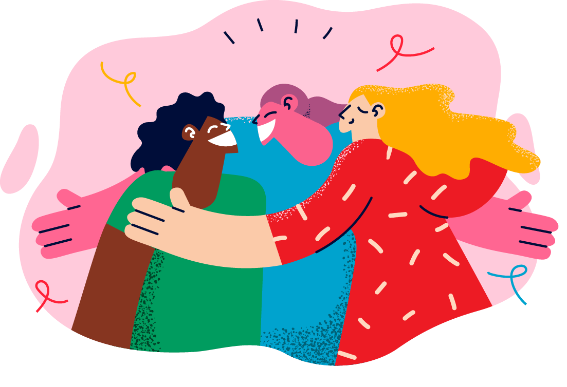 Illustration of a joyful group hug, symbolizing community, shared victories, and celebrating accomplishments in the autoimmune healing journey.