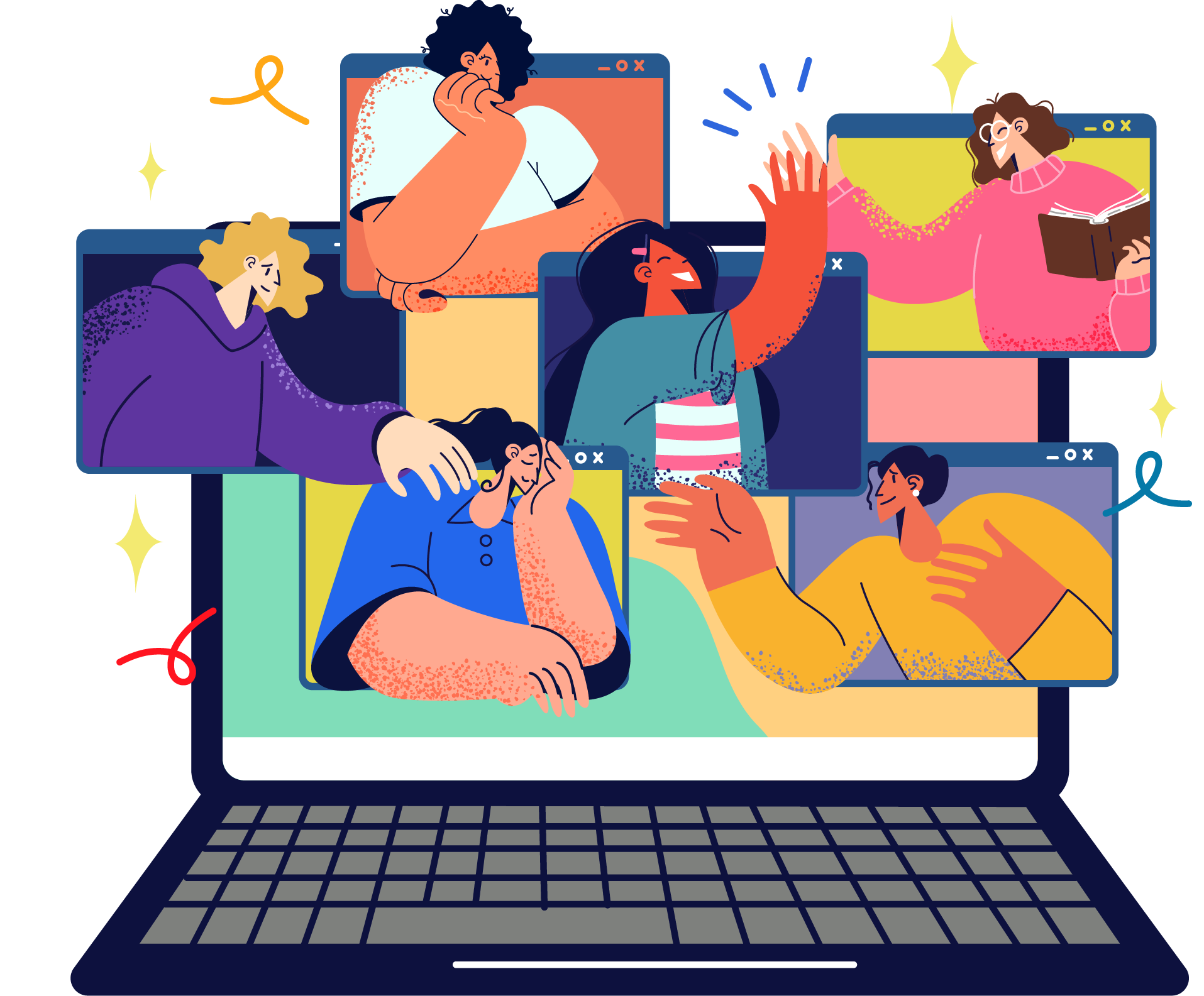 Illustration of people connecting through video calls on a laptop screen, symbolizing virtual support, shared experiences, and community in the autoimmune healing journey.