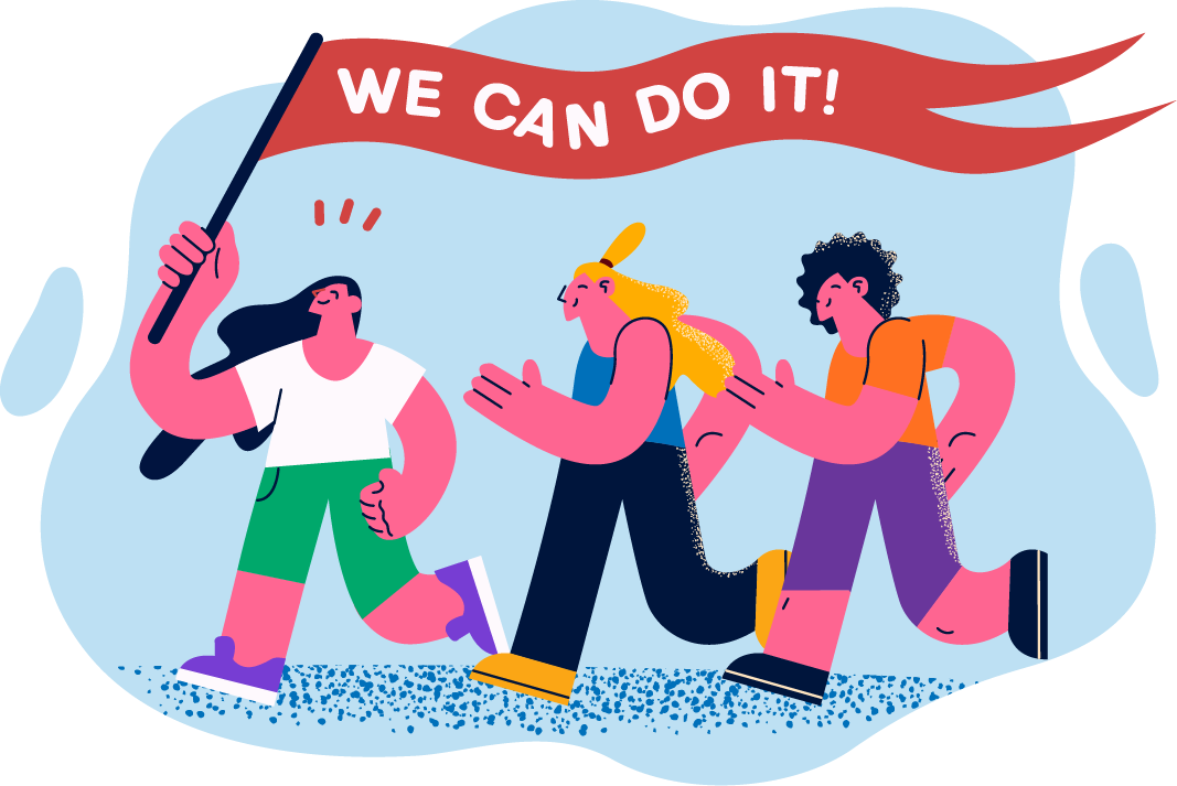 Illustration of a diverse group running together under a 'We Can Do It!' banner, symbolizing the autoimmune healing journey, community support, and shared determination.